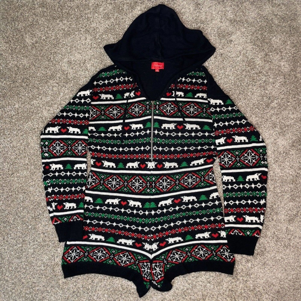Joyland Medium Polar Bear Romper Sweater Hooded Ugly Christmas Shorts Outfit